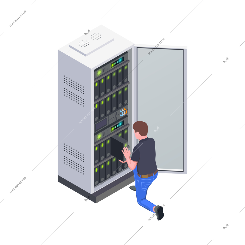 Data center icon with technician replacing module in server rack 3d vector illustration