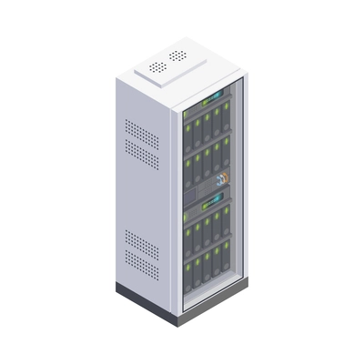 Isometric data center server rack icon on white background 3d vector illustration