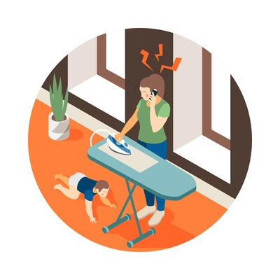 Isometric composition with stressed irritated woman talking on phone while doing household chores 3d vector illustration