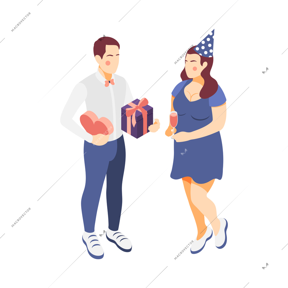 Valentine day holiday party with plus size woman holding glass of wine and man with presents isolated isometric vector illustration