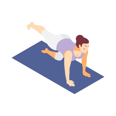 Plus size woman doing fitness on mat isometric vector illustration