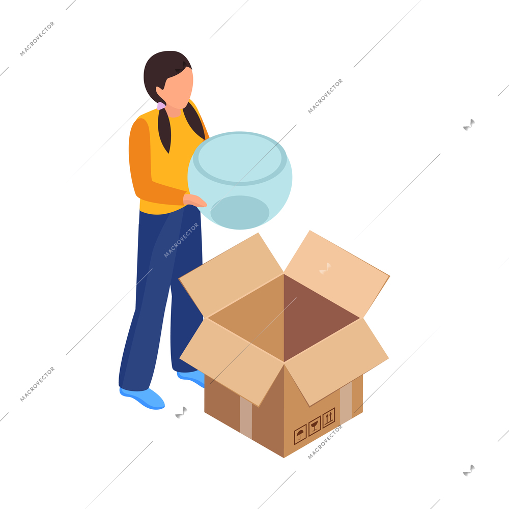 Relocation isometric icon with woman putting glass aquarium or vase into cardboard box 3d vector illustration