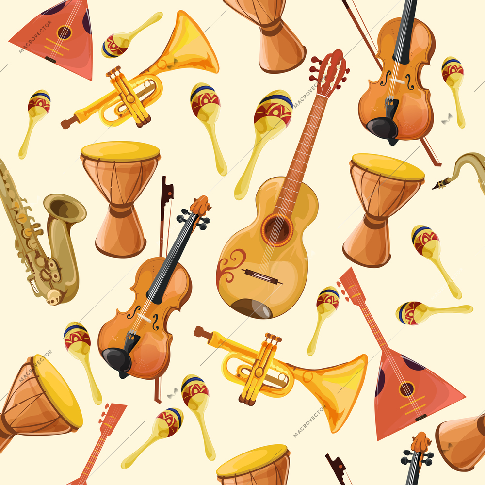 Folk music ensemble instruments seamless pattern with horn drum guitar and fiddle seamless pattern color vector illustration