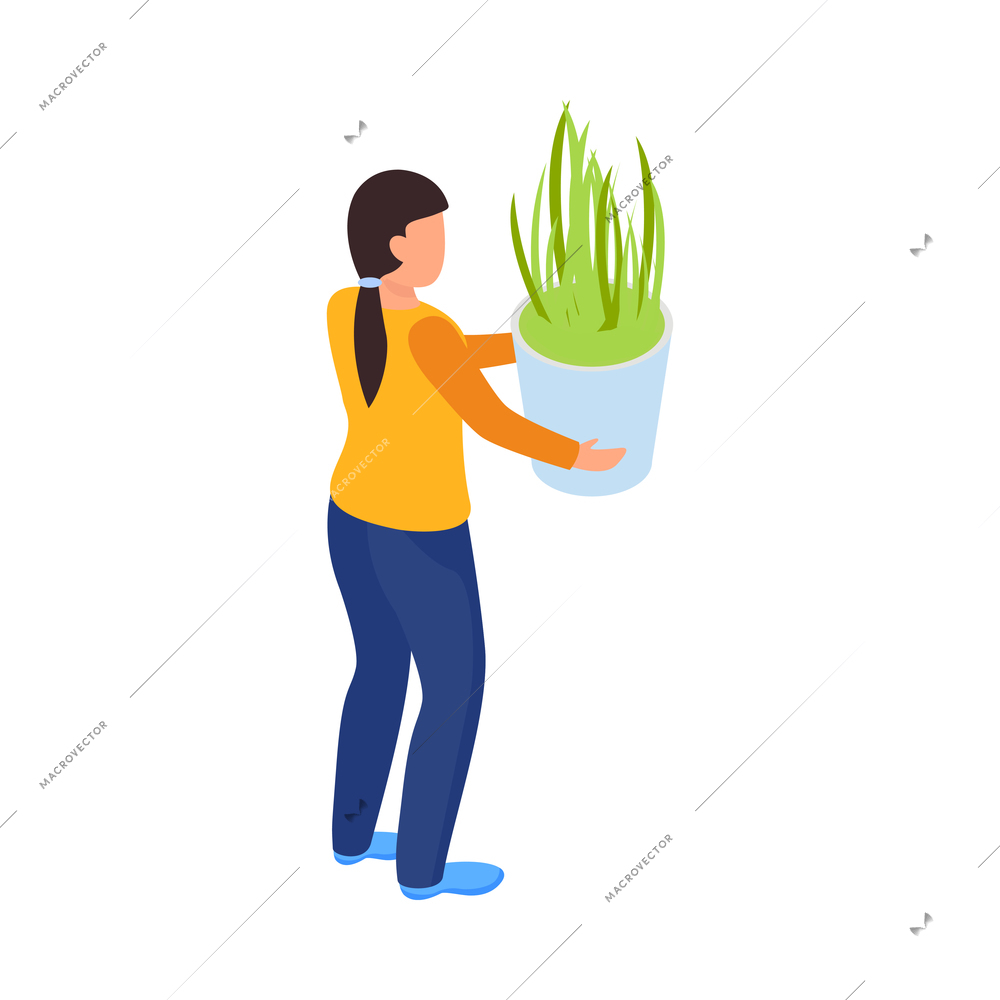 Isometric icon with back view of woman holding green house plant in pot 3d vector illustration