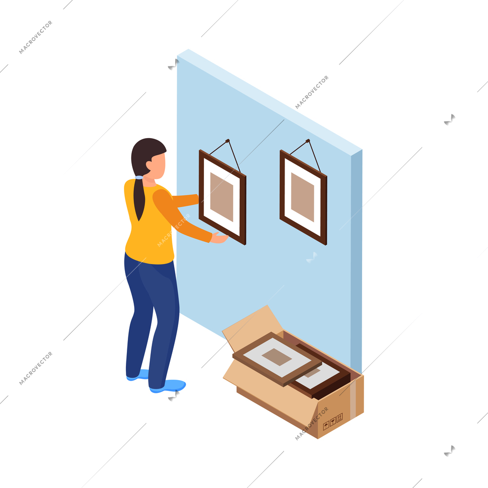 Relocation icon with woman taking down pictures and putting them into cardboard box isometric vector illustration