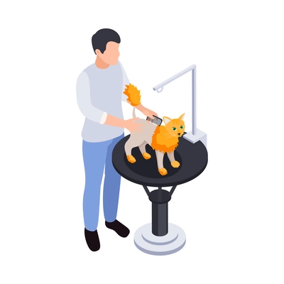 Male groomer grooming cat at pet salon 3d isometric icon vector illustration