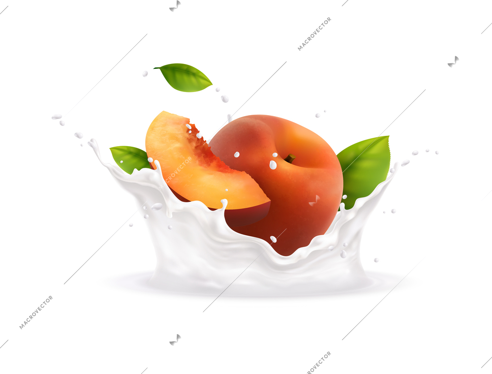 Realistic white milk or yogurt splashes with fresh peach vector illustration