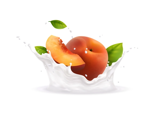 Realistic white milk or yogurt splashes with fresh peach vector illustration