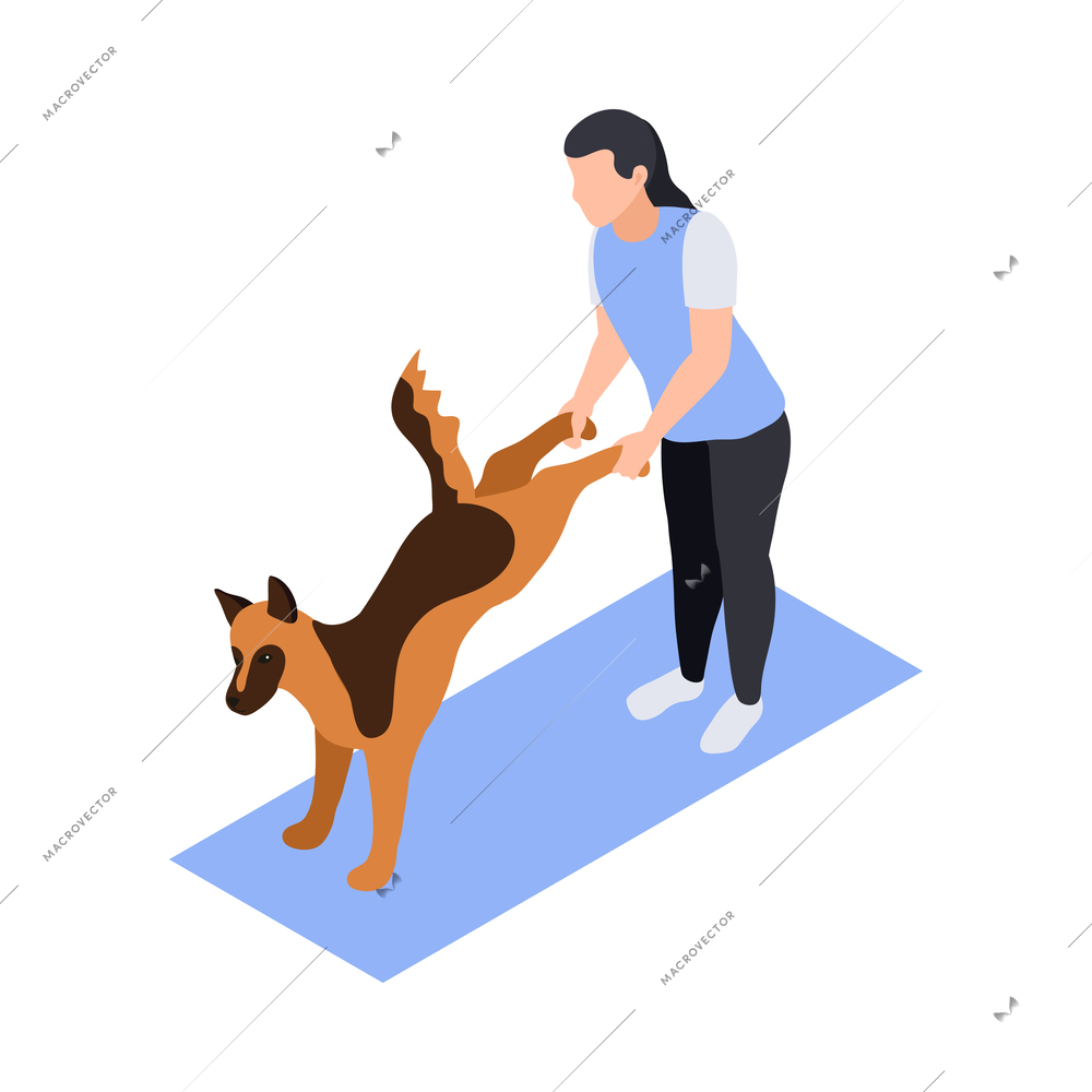 Female cynologist training dog on mat 3d isometric icon vector illustration