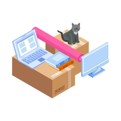 Relocation isometric icon with belongings packed into cardboard boxes and cat 3d vector illustration