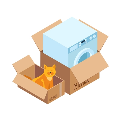 Relocation isometric icon with washing machine and cat sitting in cardboard box 3d vector illustration