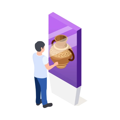 Isometric icon with man visiting interactive exhibition in modern museum 3d vector illustration