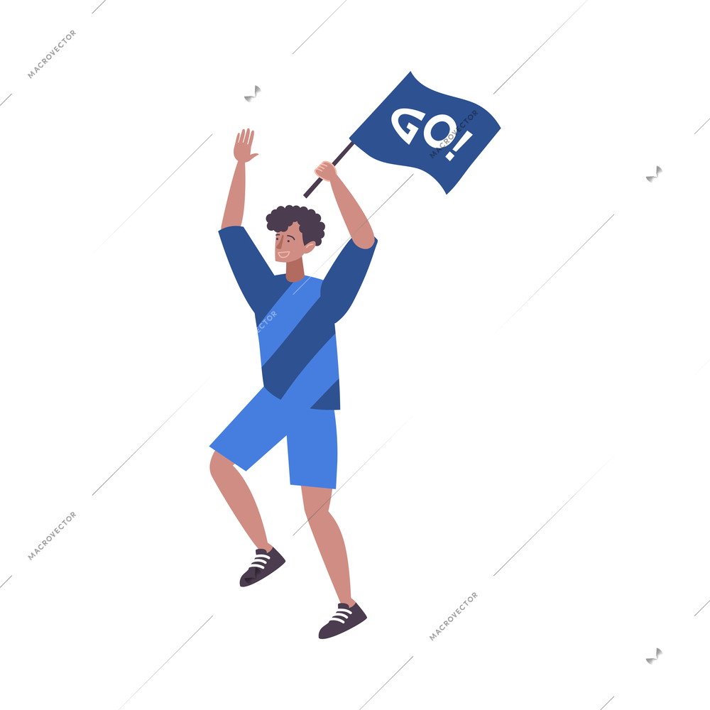 Happy football fan with blue flag on white background flat vector illustration