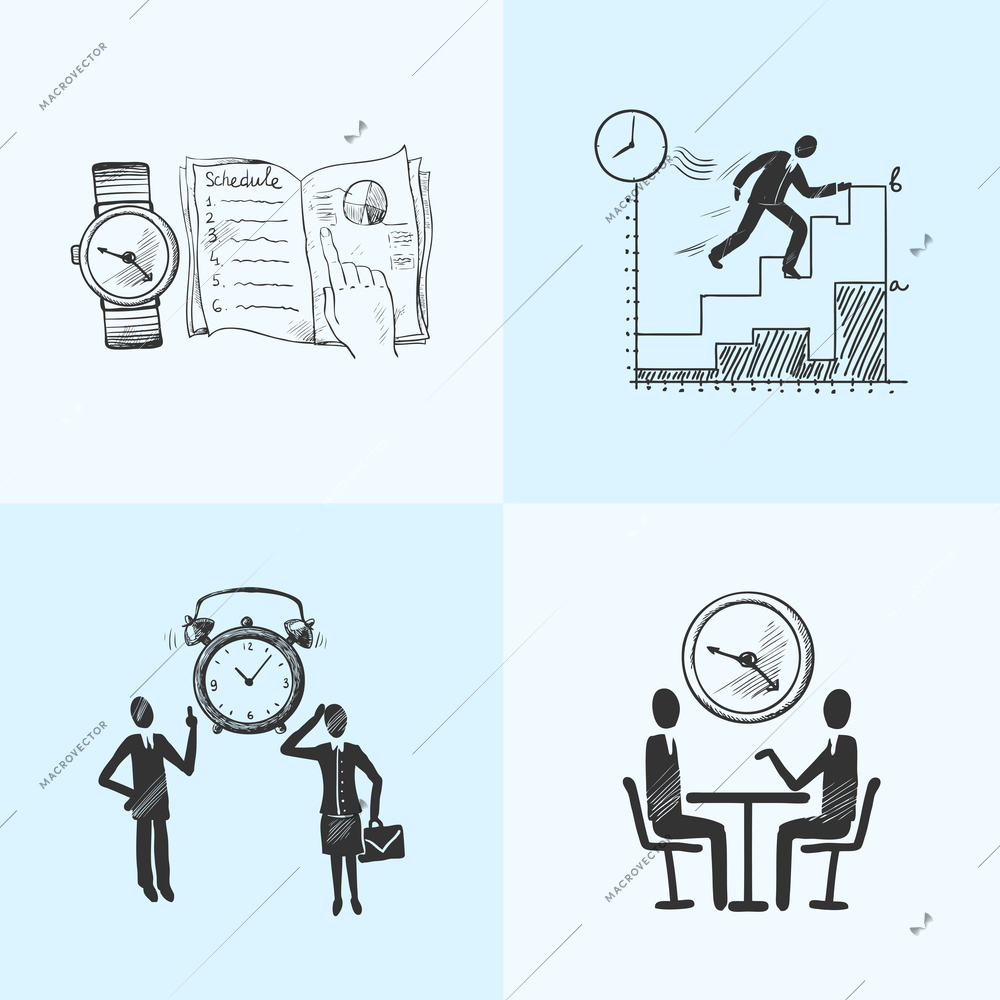 Time management composition sketch icons set with business planning and meetings isolated vector illustration