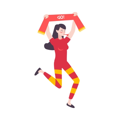 Flat icon with happy football fan holding red scarf vector illustration