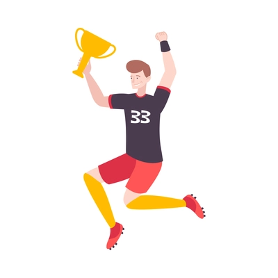 Happy football player with cup after winning match flat icon vector illustration