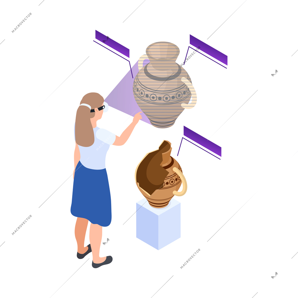 Woman wearing virtual reality glasses and watching interactive exhibit of ancient vase in modern museum isometric vector illustration