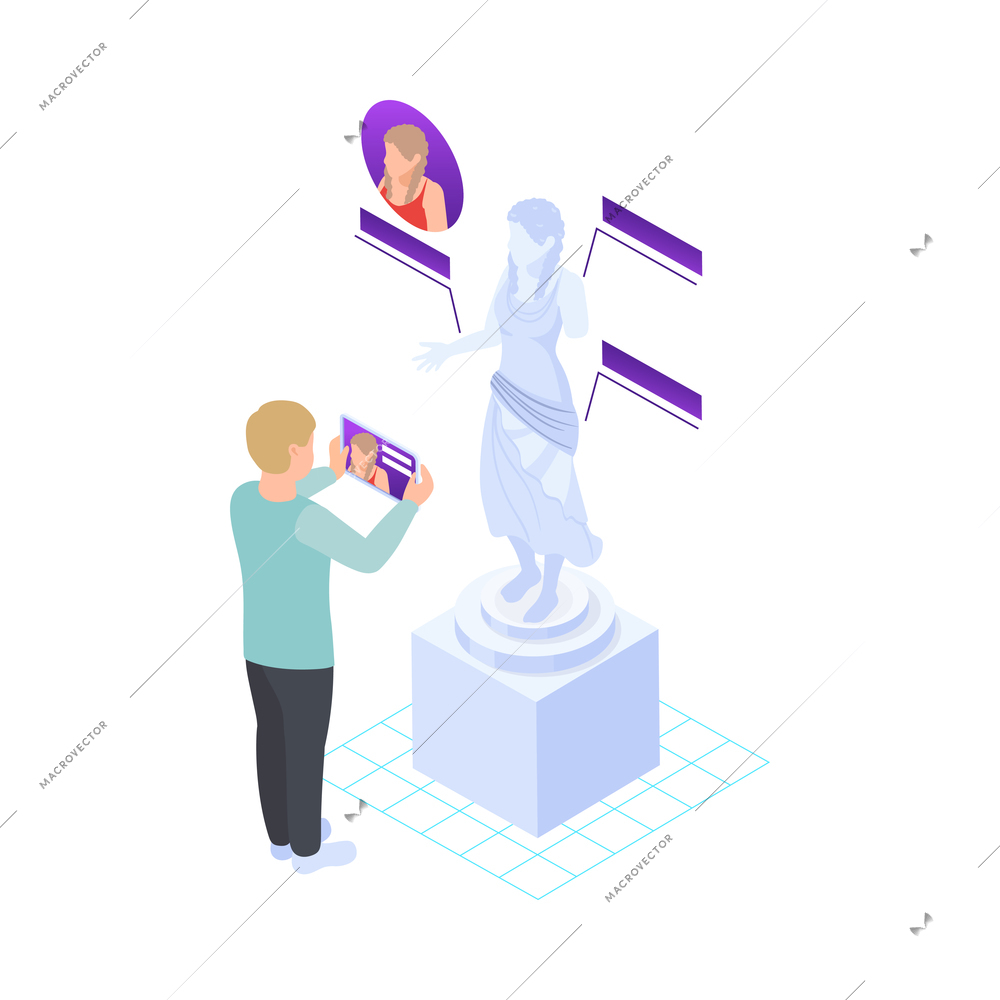 Modern interactive museum isometric icon with man watching sculpture with electronic tablet vector illustration