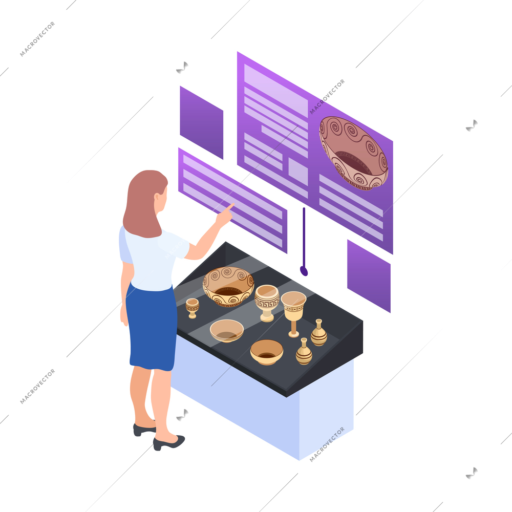 Woman watching utensils at digital exhibition in modern museum isometric icon 3d vector illustration