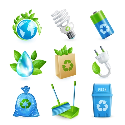 Ecology and waste colored icons set of globe paper bag plug isolated vector illustration.