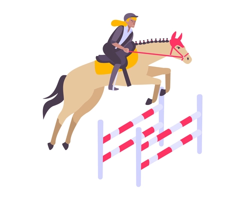 Female jockey on horse jumping over hurdle during race flat icon vector illustration