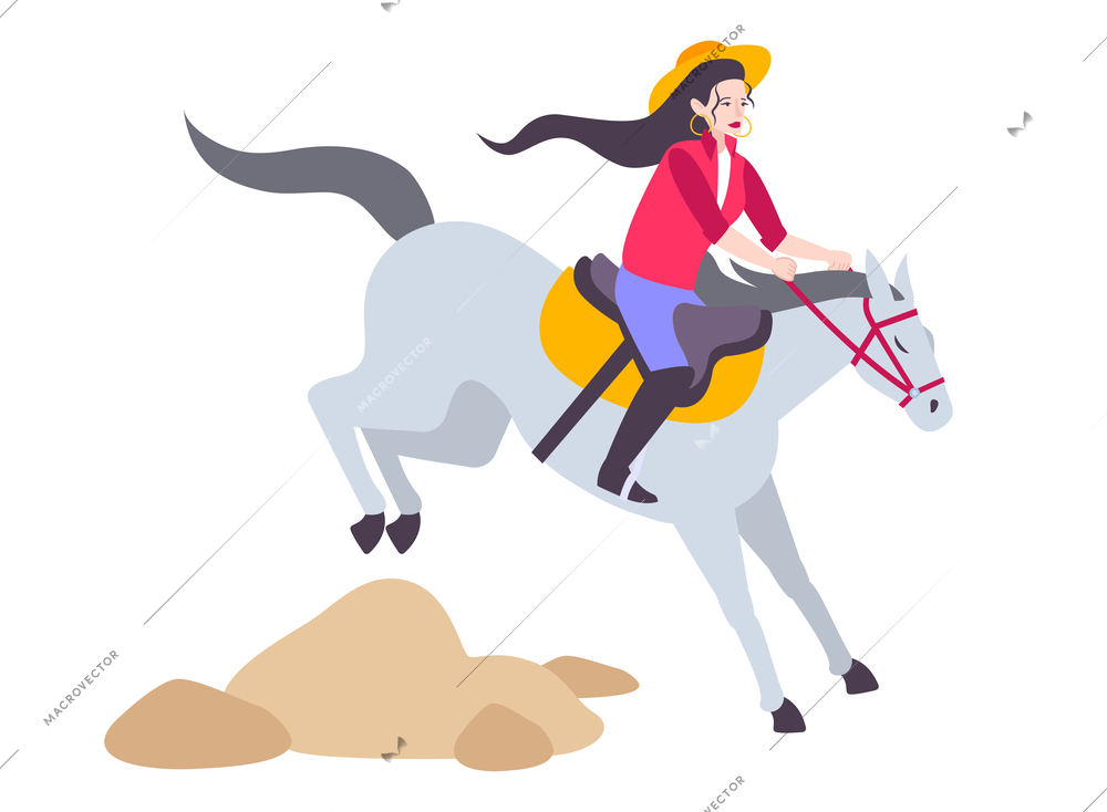 Woman riding gray horse flat icon on white background vector illustration