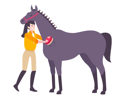 Flat icon with happy female character brushing horse hair vector illustration