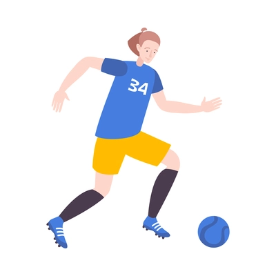 Female football player with ball on field flat isolated vector illustration