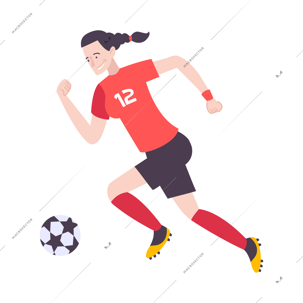 Female player in uniform playing football flat isolated vector illustration