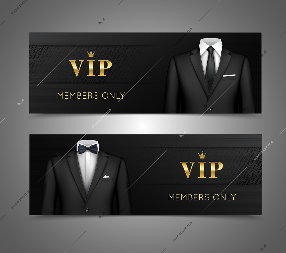Two horizontal vip privilege members luxury products advertisement black banners set with businessman suits isolated vector illustration