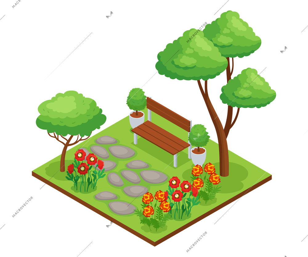 Park landscape composition with bench green trees flowers path 3d isometric vector illustration