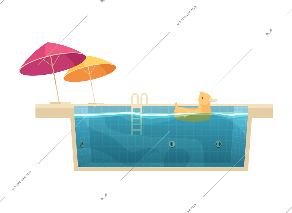 Cartoon swimming pool with inflatable duck and two umbrellas vector illustration