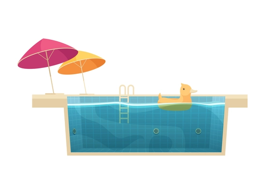 Cartoon swimming pool with inflatable duck and two umbrellas vector illustration