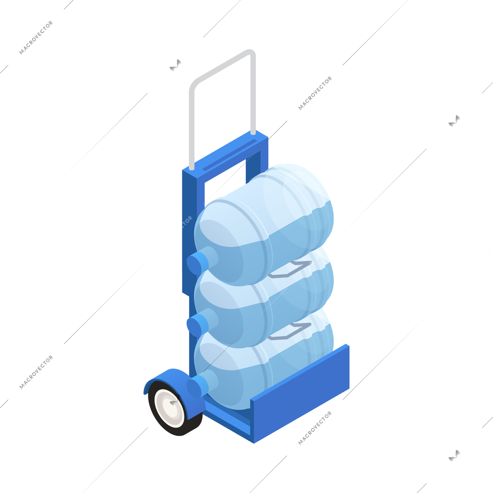 Water delivery icon with three big plastic bottles on trolley isometric vector illustration