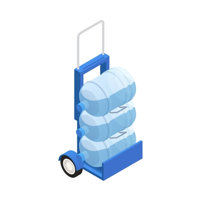 Water delivery icon with three big plastic bottles on trolley isometric vector illustration