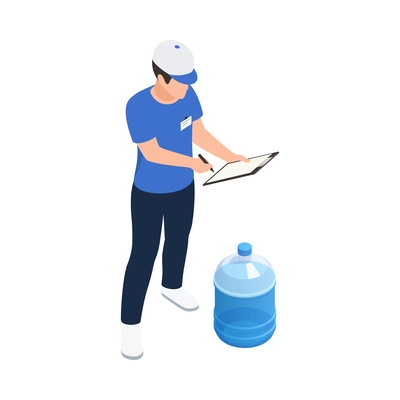 Male courier from water delivery service and plastic bottle for cooler isometric icon vector illustration