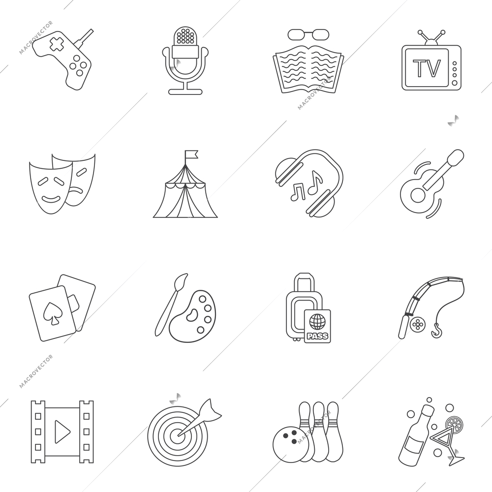 Entertainment outline icons set with circus theatre tv isolated vector illustration