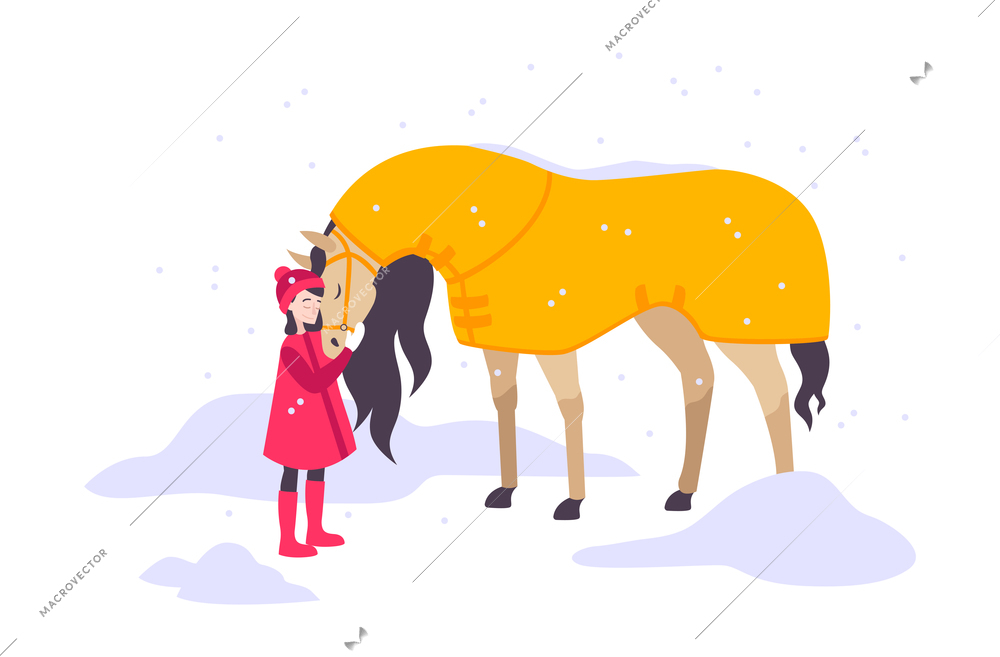 Girl hugging her pet horse outdoors in winter flat icon vector illustration
