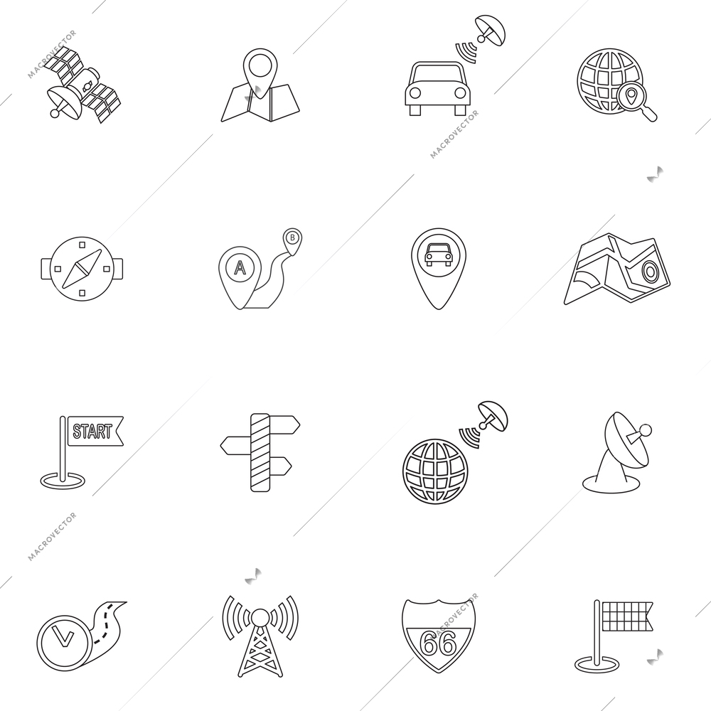 Mobile gps road navigation and travel outline icons set isolated vector illustration