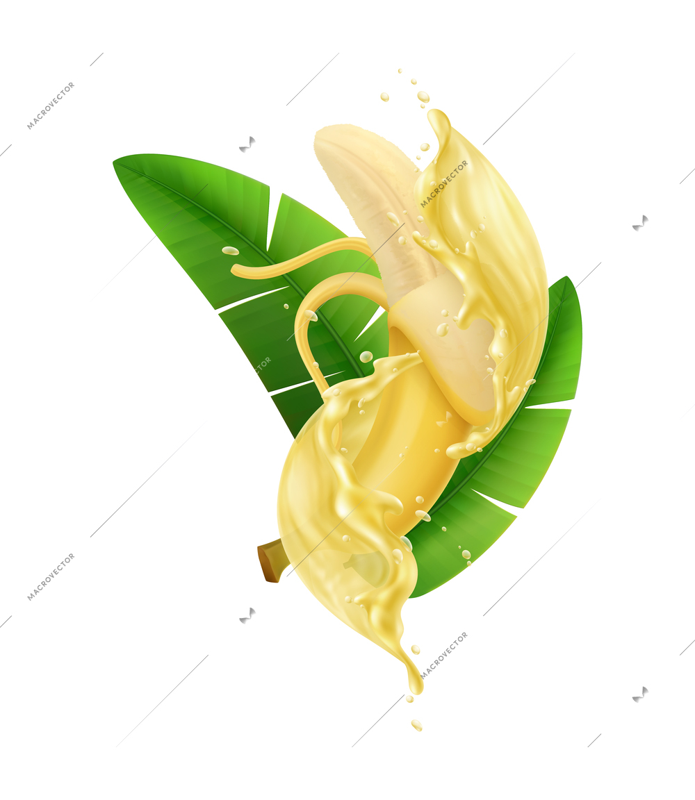 Realistic half peeled banana with leaves in juice splashes vector illustration