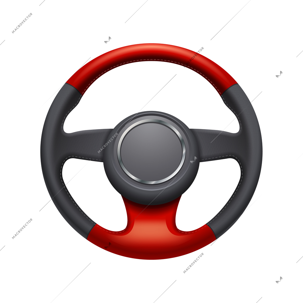 Red and black leather car steering wheel on white background realistic vector illustration