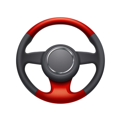 Red and black leather car steering wheel on white background realistic vector illustration