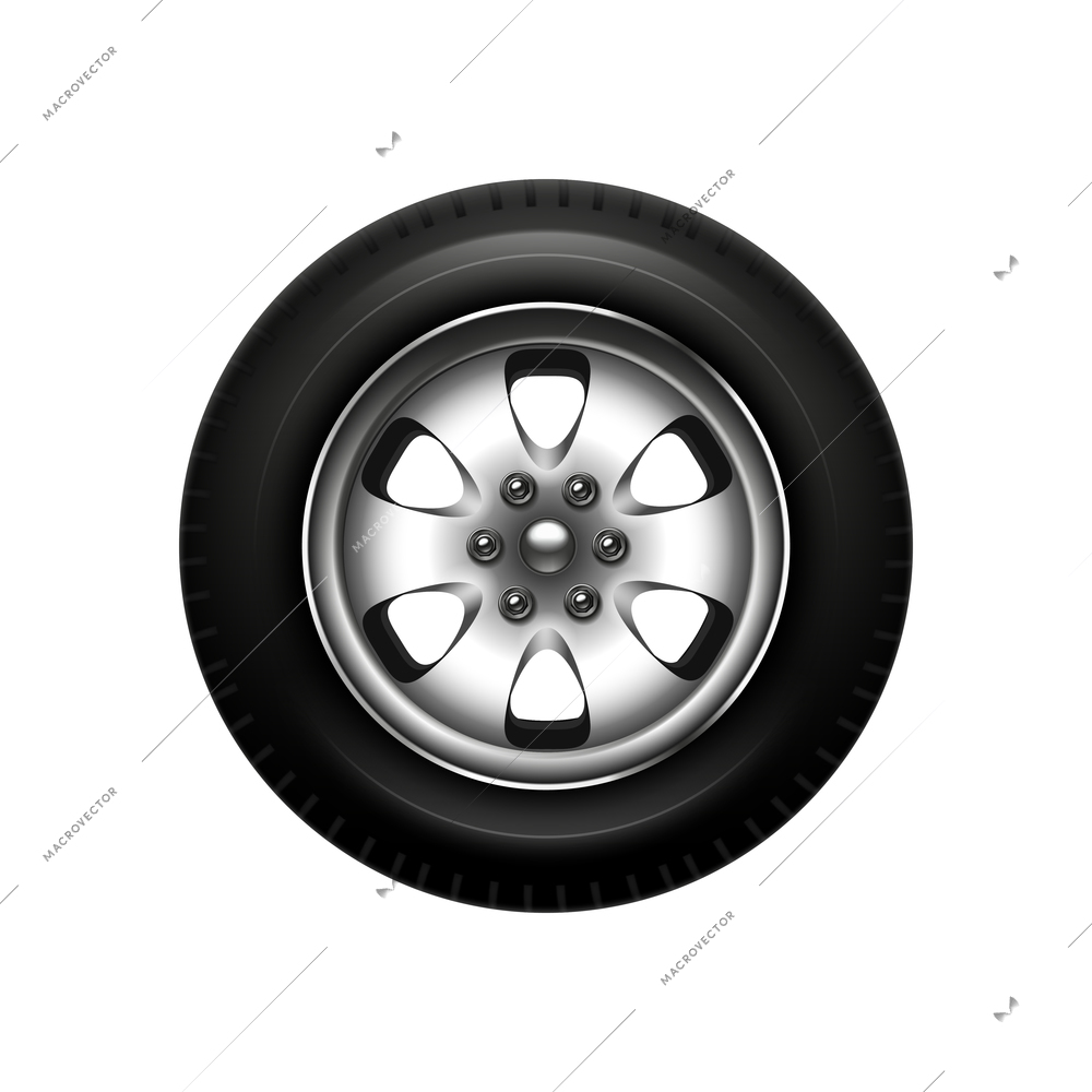 Realistic shiny car wheel with disk and tyre vector illustration