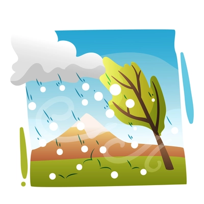 Natural disaster hailing flat composition with wild landscape vector illustration