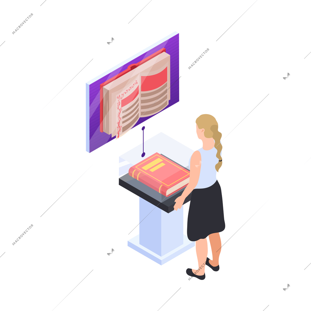 Modern museum icon with woman watching interactive exhibit of ancient book isometric vector illustration