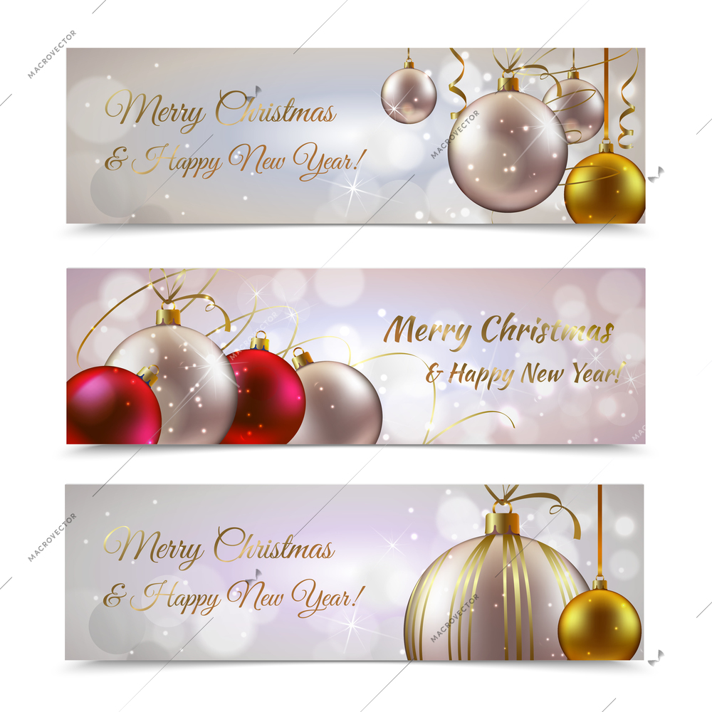 Christmas and new year horizontal banners set with decoration balls isolated vector illustration