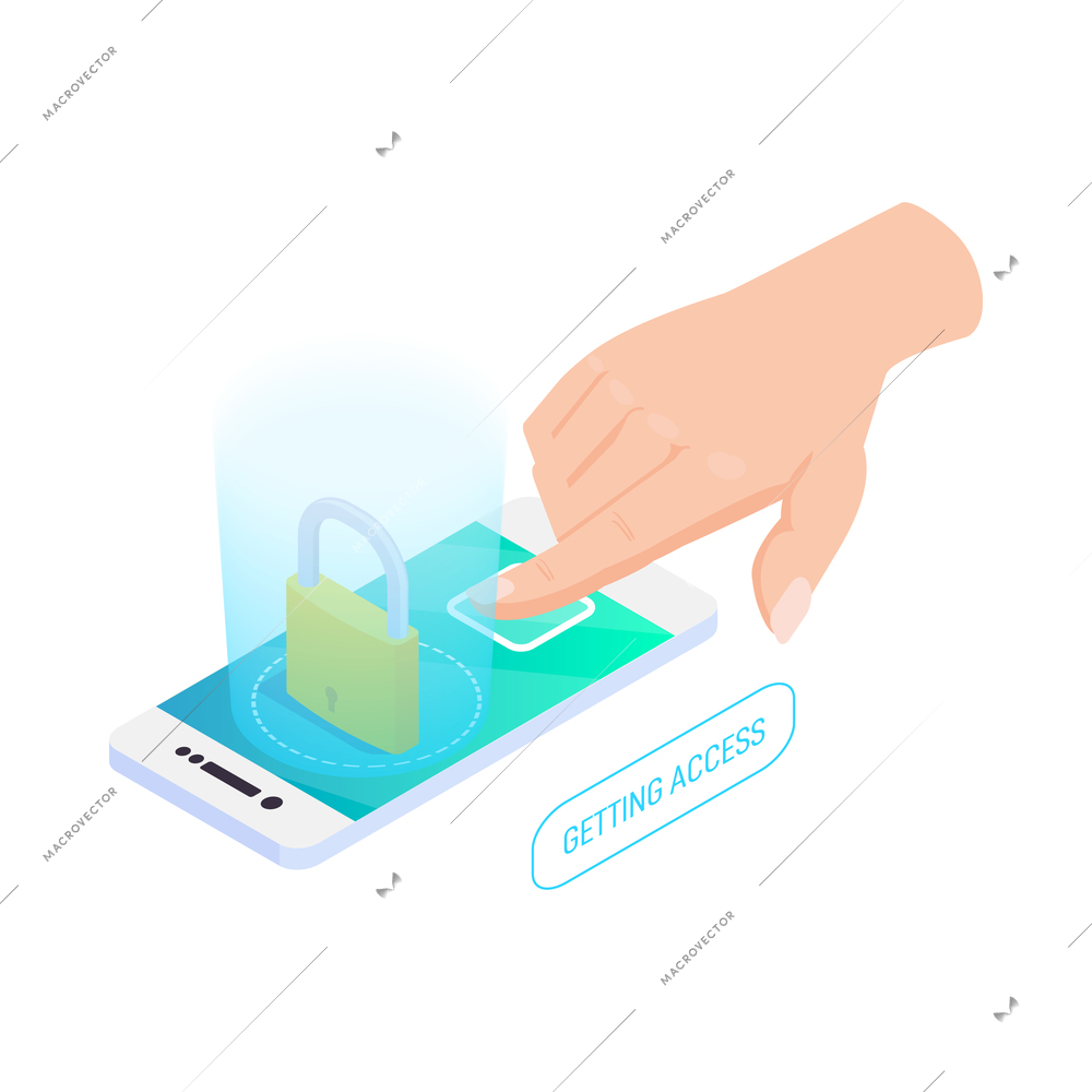 Biometric authentication icon with human hand getting access to smartphone data by fingerprint recognition isometric vector illustration