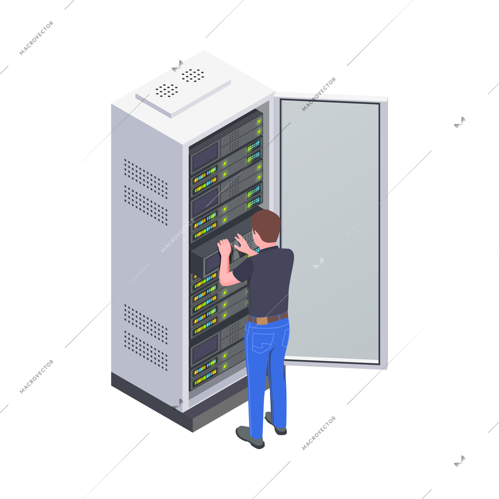 Technician changing module in data center server rack isometric icon vector illustration