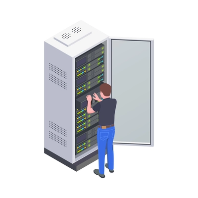 Technician changing module in data center server rack isometric icon vector illustration