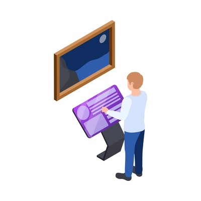 Isometric icon with man using interactive touch screen display table at art exhibition vector illustration